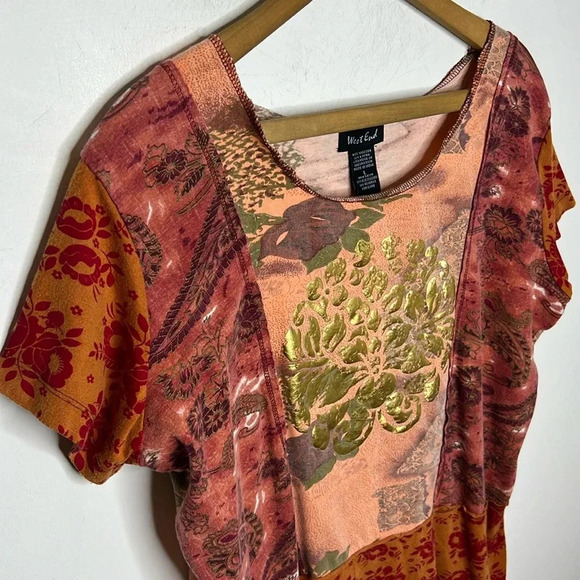 Y2K Vintage West End Mixed Print Boho Exposed Seams Metallic Graphic T Shirt - Picture 3 of 10